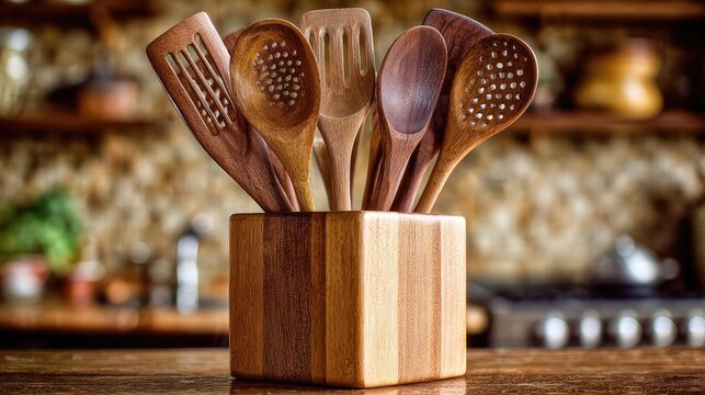 Chef's workspace with the wooden utensil set in a rubberwood base, ready for serious cooking tasks