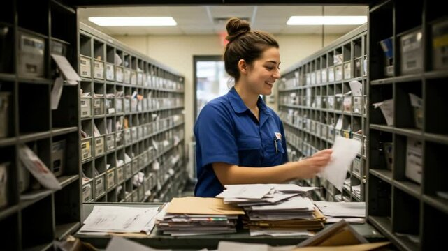 Worker Sorting Mail at Indoor Mailroom Facility Smiling
