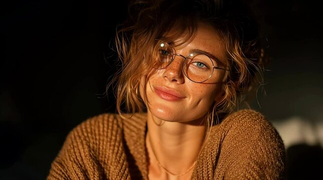 Radiant Portrait in Sunlight: A charming person, with a genuine smile, eyeglasses, and a sweater, bathed in the golden glow of sunlight, exudes an air of serenity, captivating with her genuine nature.