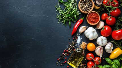 Fresh tomato garlic olive oil pepper rosemary chili and herbs on dark slate counter vibrant cooking ingredients flat lay