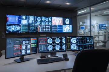 Inside a modern radiology lab, multiple screens are actively displaying various types of medical scans in stunning detail, highlighting advanced imaging technology at work