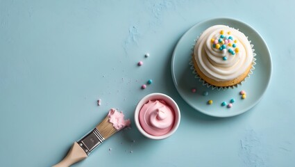 Cupcake decorating with pink frosting and colorful sprinkles pastel sprinkles