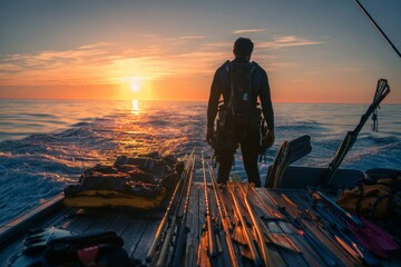 A diver stands on a boat, gazing at the sunrise over calm waters. Spearfishing equipment is organized neatly on deck, ready for an adventurous day ahead in nature