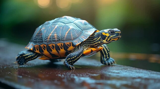 Tortoise on wooden surface: A captivating close-up captures the detailed texture of a tortoise shell as it navigates a weathered wooden surface, surrounded by the serene backdrop of lush greenery.