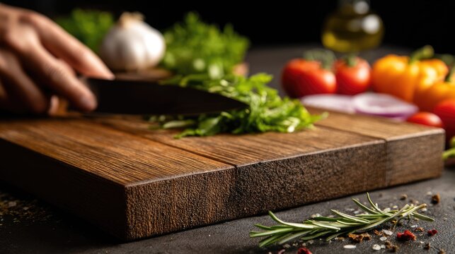 Home chef picking up a spatula from the rubberwood base while prepping fresh ingredients on a wooden board