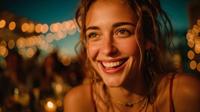 Radiant Smile at Twilight: A captivating portrait of a beautiful woman, illuminated by warm ambient lighting, radiates joy and positivity, exuding a sense of effortless elegance and contentment.