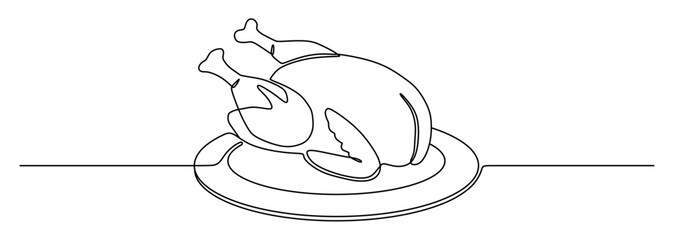 continuous line art of a single roasted chicken on a plate and ready to be served. this icon is for a restaurant banner