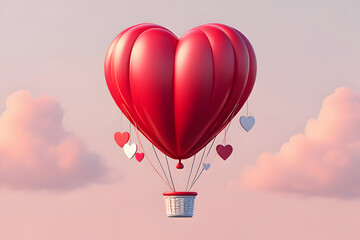 Fototapeta premium Romantic Red Heart-Shaped Hot Air Balloon Soaring Through Pastel Cloudscape: Valentine's Day Concept
