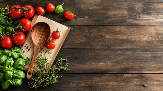 Open recipe book wooden spoon fresh tomato basil thyme green pepper rustic table cooking inspiration healthy food
