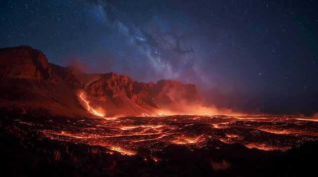 Fiery Earth: Captivating the primal energy of a volcanic eruption under a celestial expanse. Raw power of nature&rsquo;s fury, a testament to the earth&rsquo;s formidable forces.