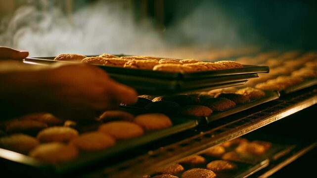 Closeup shot of a steaming hot oven, with rows of goldenbrown cookies gently baking on trays.