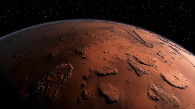 Red planet surface with craters and rocky terrain under starry space sky showcasing vast extraterrestrial landscape and cosmic mystery of rugged planet terrain in space view