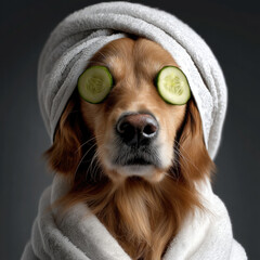 Golden retriever dog spa towel cucumber slice pampered pet relaxation wellness humor cute animal
