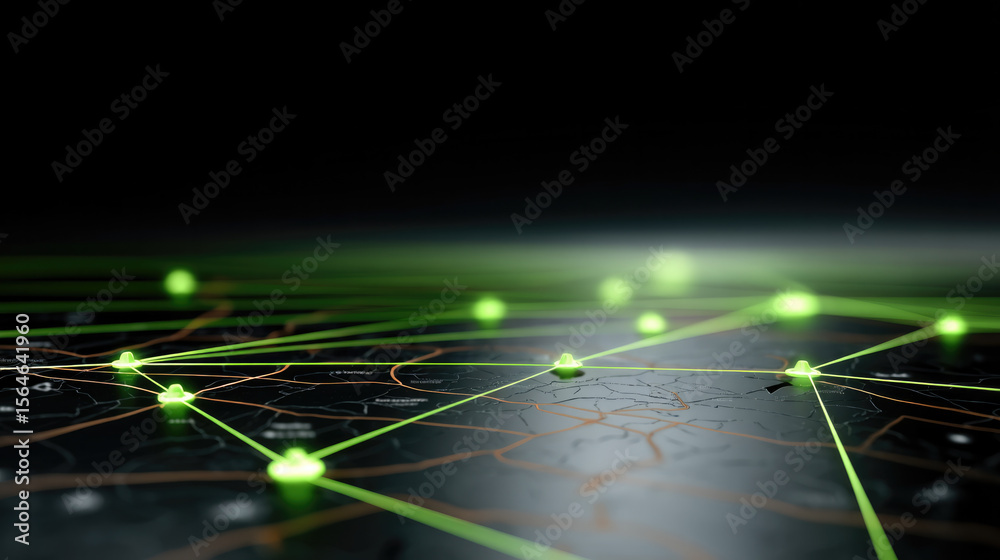Aufkleber Network technology map connection glowing green digital futuristic communication data. digital map with glowing green network nodes connected by