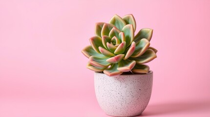 Minimalist image of a vibrant succulent in a speckled light pink pot. Rosette leaves fade green to pink. Soft lighting and pastel pink background enhance texture and depth.

