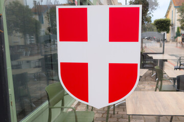 savoie logo text sign flag france region with white red savoyard cross coat of arms on windows building