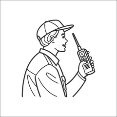Worker with Walkie Talkie Icon | Technician Using Radio Communication Device | Line Style Vector | Black Outline on White Background | Security Staff Symbol