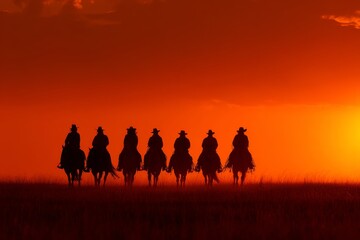 Group of cowboys ride their horses in a line across the expansive prairie as a vibrant orange sunset fills the sky, casting silhouettes against the colorful backdrop