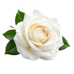 Isolated white rose flower bloom with green leaves stock photo image on transparent background
