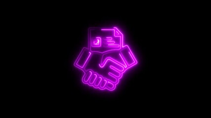 Animated neon icon of a handshake and document representing agreement success
