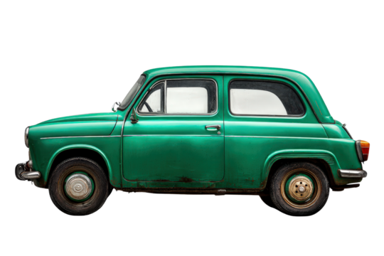 Classic compact vehicle with slightly dented body, nostalgic green paint, isolated on a Transparent background, PNG file.