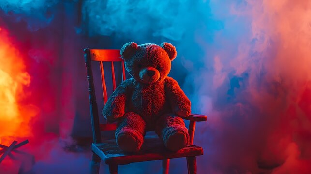 Cuddly teddy bear sitting on a wooden chair surrounded by red and blue smoke