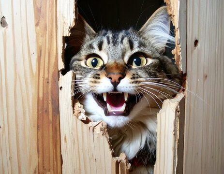 cat, kitten, horror cat, scary cat, broken door, creepy cat, angry cat, screaming cat, dramatic scene, feline horror, sharp teeth, haunted house, thriller moment, suspense, spooky animal, destruction,