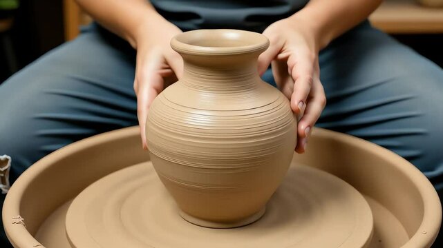 Potter shaping clay vase on wheel in workshop environment  