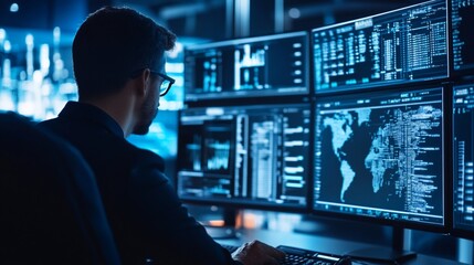 Cybersecurity Analyst Monitoring Global Data Streams and Threat Detection
