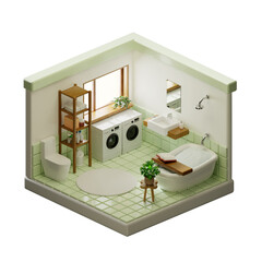 Home interior design focused on modern bathroom aesthetics. 3D render illustration