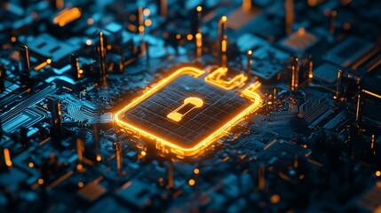 Cybersecurity Technology: Glowing Key on Circuit Board Represents Data Protection