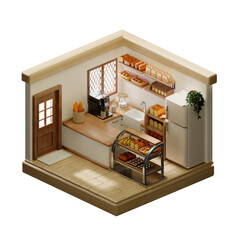 Bakery showcase with fresh goods in a welcoming atmosphere. 3D render illustration