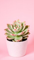 Minimalist image of a vibrant succulent in a speckled light pink pot. Rosette leaves fade green to pink. Soft lighting and pastel pink background enhance texture and depth.

