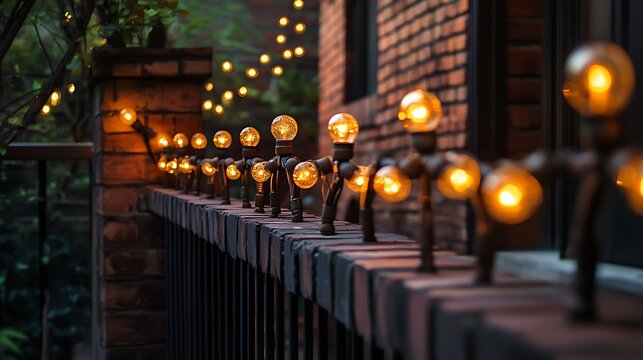 Glowing string lights illuminate a brick balcony, creating a warm atmosphere