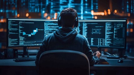 Cybersecurity Expert Working Late Analyzing Data on Multiple Monitors