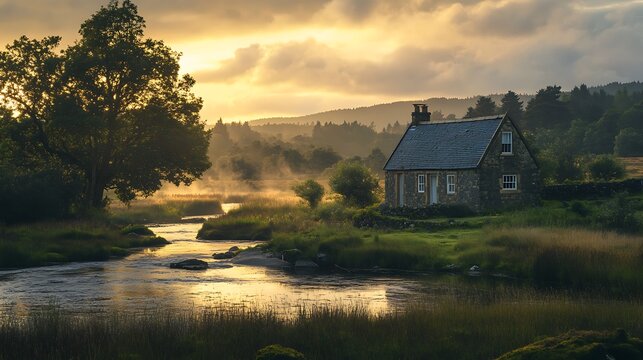 River flows by a remote cottage in the Scottish Highlands at golden hour