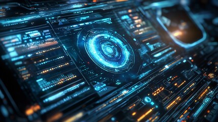 Futuristic interface display with complex data visualization elements