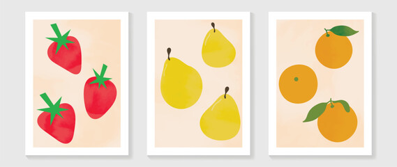 Obraz premium Abstract fruit wall art background vector set . Minimalist mid century modern drawing with strawberry, pear, orange. Contemporary art design for wallpaper, home decoration, cover, interior.