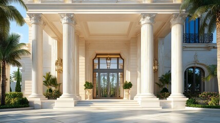 Grand entrance facade with towering columns and tropical landscaping