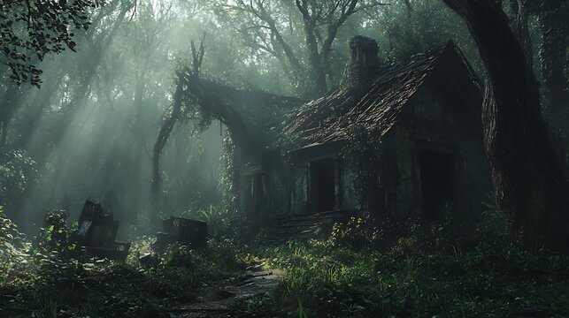 Haunted cottage stands deep within a misty forest glade