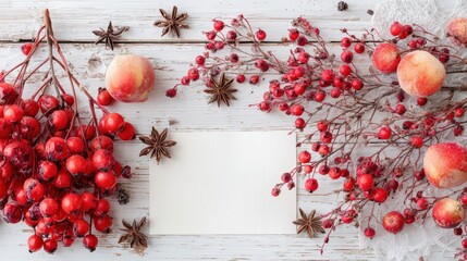 Festive Arrangement of Red Berries and Star Anise on Rustic Wooden