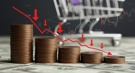 Stacks of coins decrease in height, overlaid with a red graph showing a sharp decline, symbolizing economic recession or financial loss.