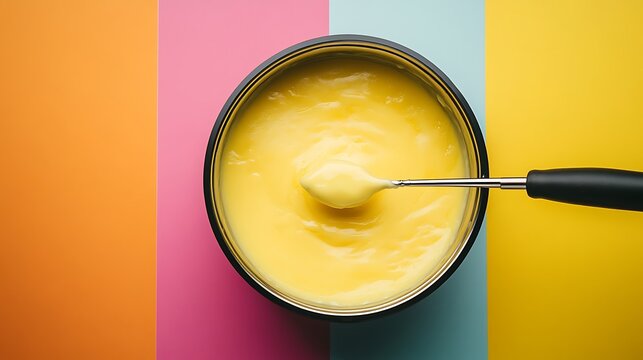 Clarified butter, ghee, or samna in a bowl with a spoon against colorful blocks