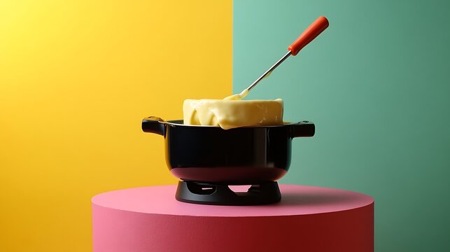 Fondue pot with melted cheese sits on pink stand with colorful background