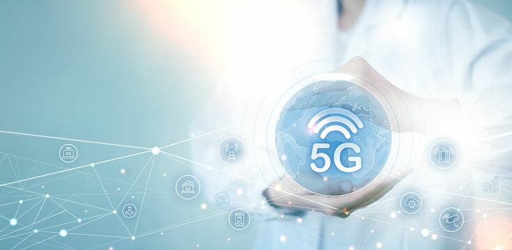 5G symbol new wireless internet wifi connection. Fifth innovative generation of the global high speed Internet network using modern digital devices. - Powered by Adobe