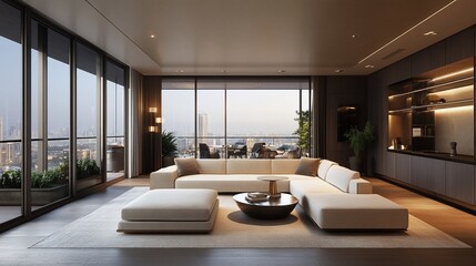 Modern Luxurious Apartment Interior with City View and Stylish Furnishings