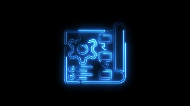 Glowing blueprint animation featuring gear process and flowchart elements on black background