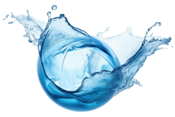 Spherical blue liquid burst on transparent background.