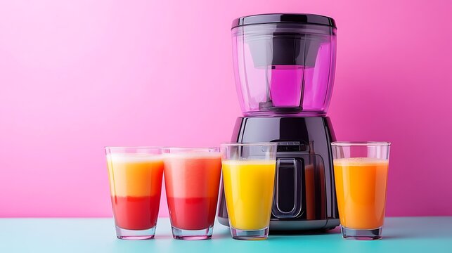 Fresh juice extracted by a modern juicer, displayed in clear glasses on a table