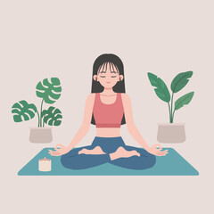 woman doing yoga exercises with plants indoor